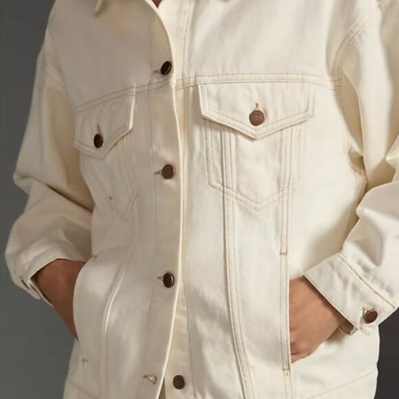 Anthropologie Pilcro Western Denim Boyfriend Jacket - Cream, Size L - Picture 1 of 8